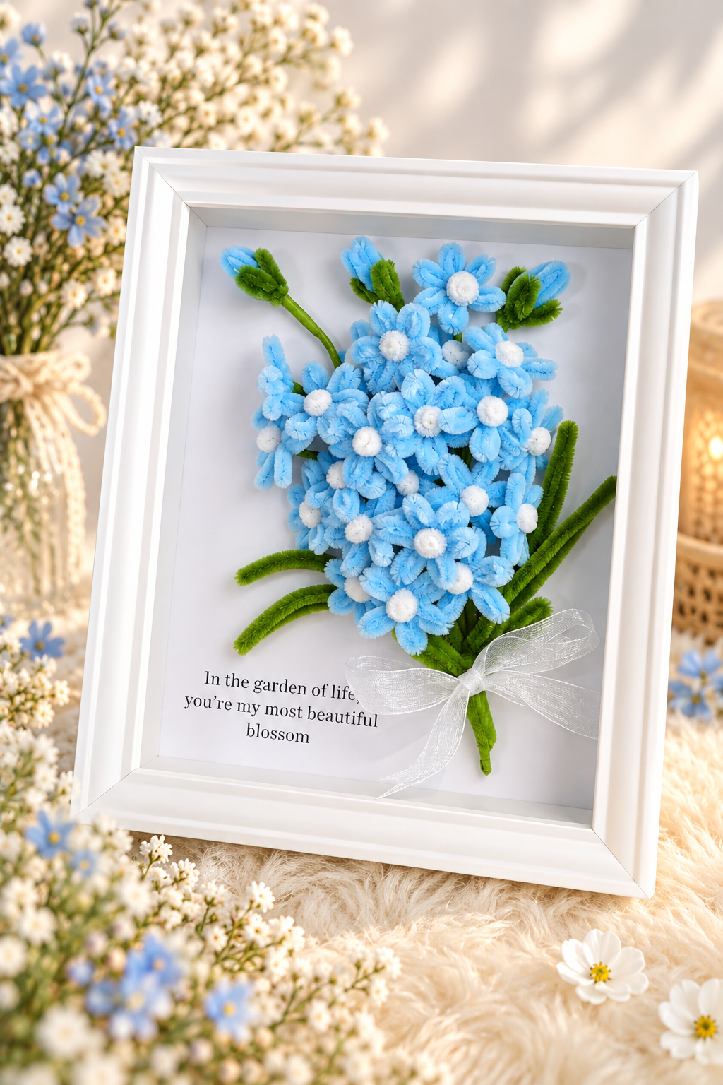 Flower frame with blue bouquet