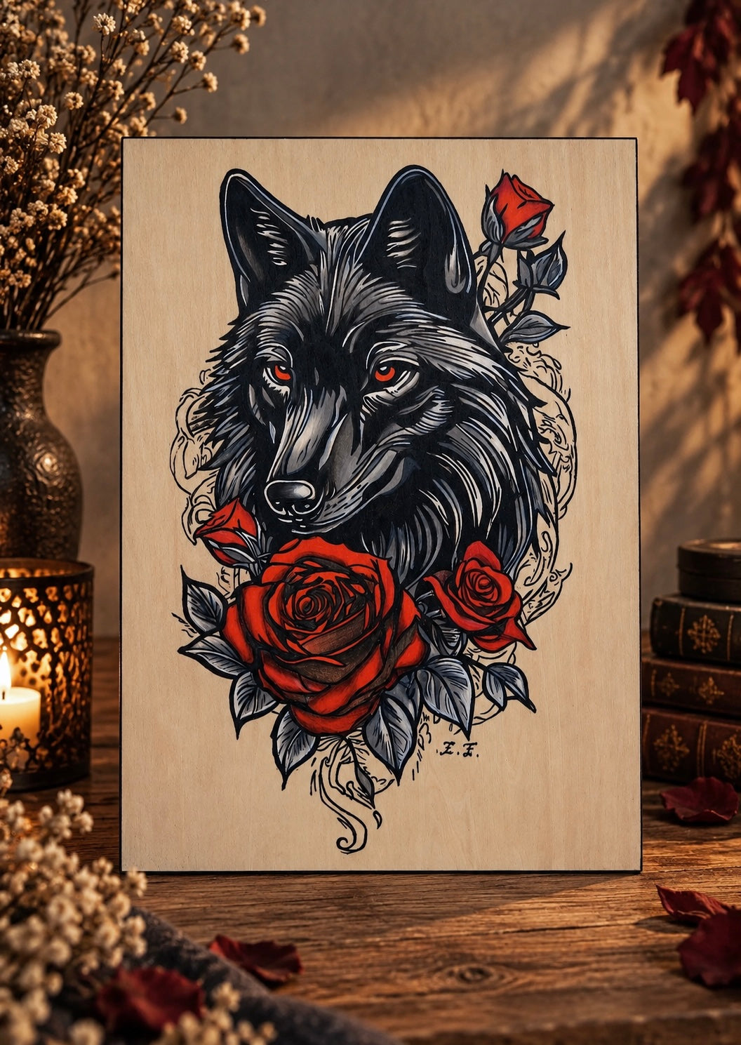 Zwarte wolf met rode rozen