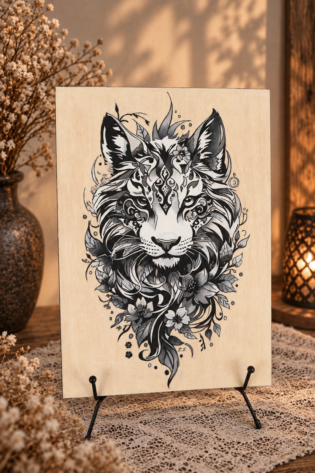 Tijger met bloemen (zwart/wit)