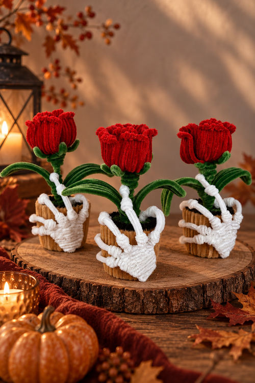 Pot de fleurs « Main squelettique avec rose »