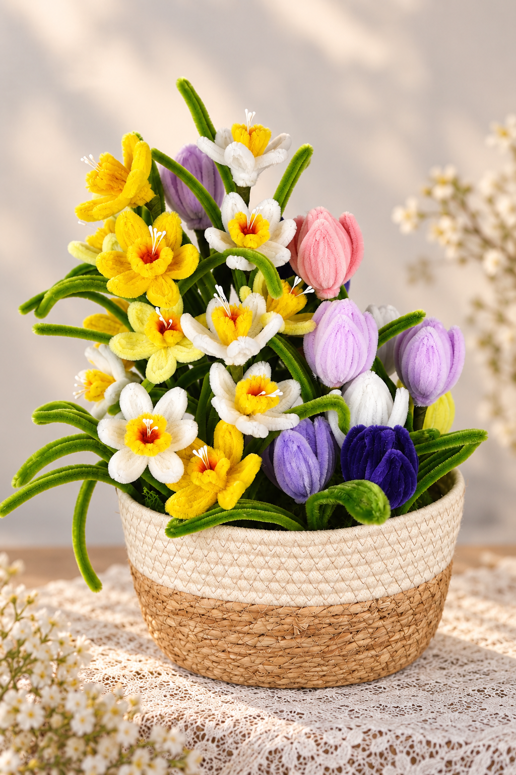 Daffodil and tulip flower basket